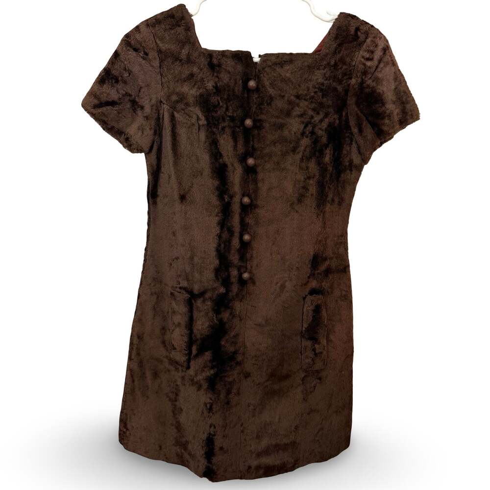 1960s Brown Faux Fur Mini Dress Square Neck Pockets Vintage